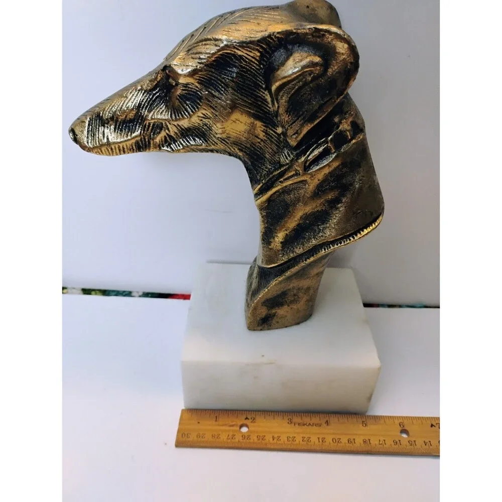 Vintage Brass Greyhound Whippet Dog Bust White Marble Base Statue Bookend 9